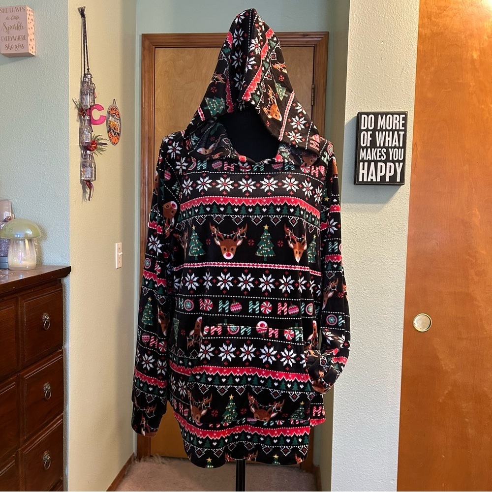 Christmas plush pullover hoodie front pocket soft cozy holiday festive XXXL